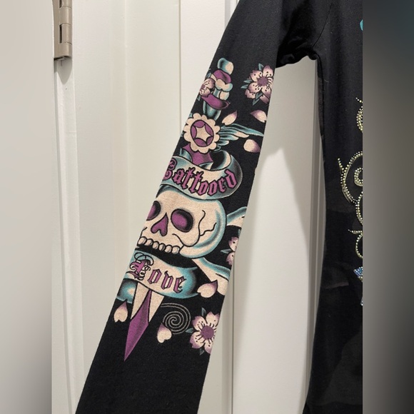 Ed Hardy Shirt Vintage Y2K Size Small Rhinestone Skull Koi Fish Rare Multi Print - Picture 4 of 16